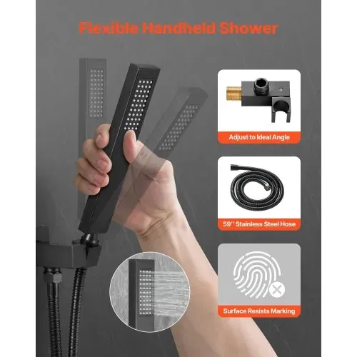 VEVOR Duscharmatur Regenduschsystem fürs Badezimmer Duschsystem mit 203 mm quadratischen Regenduschkopf & Handbrause, wandmontierte Badezimmerarmaturen mit Messingventil & Zierset, Mattscharz – Bild 2