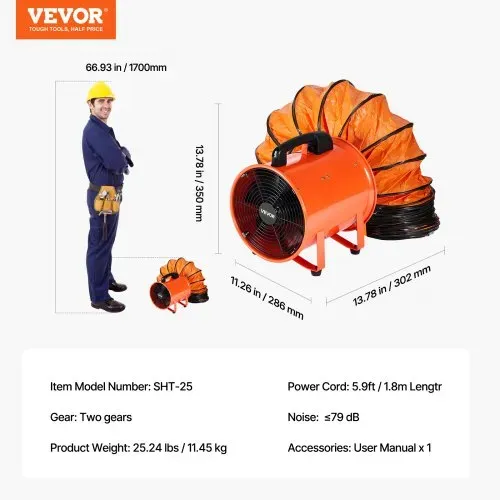 VEVOR Bauventilator 300-W-AC-Motor Baugebläse 2830 U/min Baulüfter Gebläse 1720 CFM (2922 m3/h) Axiallüfter 10 m Schlauch Axialgebläse 79 dB Geräuschpegel Industrielüfter IP44 – Bild 6