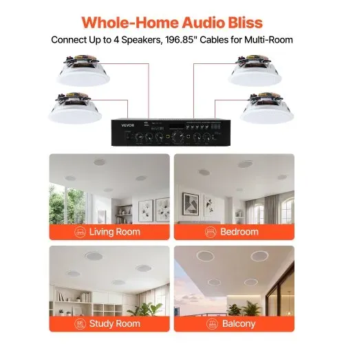 VEVOR 4 Einbaulautsprecher Bluetooth 165,1 mm, 2-Wege Lautsprecher mit Verstärker & 150 W Spitzenleistung, Kabelgebundene Deckenlautsprecher für Heimkino, Überdachte Terrasse & Flächenbündige Montage – Bild 5