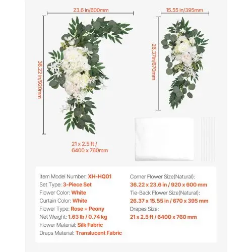 VEVOR Blumenset für Hochzeit Bogen, weiße Blumen für Traubogen mit Vorhängen (3er-Set) – 2 Blumenarrangements, 1 transparente Vorhänge, für Zeremoniensträuße, (Ohne Holzbogenständer) – Bild 6
