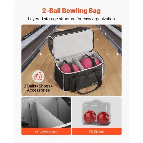 VEVOR Bowlingballtasche für 2 Bälle mit vier Rollen & separatem Fach für Schuhe (bis US-Größe 16) & übergroßer Zubehörtasche, einziehbarer Griff lässt sich auf 95 cm ausziehen Schwarz VEVOR Bowlingballtasche für 2 Bälle mit vier Rollen & separatem Fach für Schuhe (bis US-Größe 16) & übergroßer Zubehörtasche, einziehbarer Griff lässt sich auf 95 cm ausziehen Schwarz