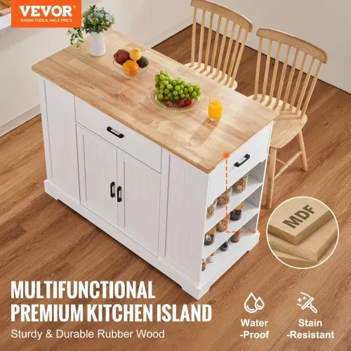 VEVOR Kücheninselwagen, 117 cm Frühstücksbar mit Holzplatte und Lagerschrank, Bauernküchentisch mit verstellbarem Regal, Schublade, für Esszimmer, Küche und Wohnzimmer, weiß VEVOR Kücheninselwagen, 117 cm Frühstücksbar mit Holzplatte und Lagerschrank, Bauernküchentisch mit verstellbarem Regal, Schublade, für Esszimmer, Küche und Wohnzimmer, weiß