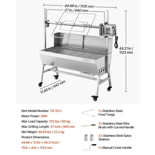 VEVOR Drehspießgrill 38 W Spanferkelgrill Lammgrill Holzkohlegrill (94 cm Grilllänge) mit 60 kg Tragkraft & 7-facher Höhenverstellung & Schutzblech, Edelstahl-Elektrogrill-Set für Camping Outdoor – Bild 6