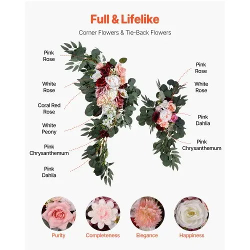 VEVOR Blumenset für Hochzeit Bogen, rosa Blumenset für Traubogen mit Vorhängen (4er-Set) – 2 Blumenarrangements, 2 transparente Vorhänge, für Zeremoniensträuße, Empfangshintergrunddekoration – Bild 4