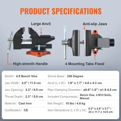 VEVOR 11,5cm Schraubstock 240° Drehbar Sphäroguss Werkbankschraubstock 1,5-4,5cm Rohrspanndurchmesser Schraubstock 8,5 cm Backenöffnung Parallelschraubstock Ideal zum Schärfen Schleifen Schneiden usw. – Bild 6