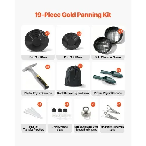 VEVOR Goldwaschpfanne 10 & 14 Zoll, Goldwannenbecken aus PP, 19-tlg. Tragbar, mit Klassiersieben, Sandmagnet, Steinhacke, Schaufeln, Rucksack und Zubehör, Gold Waschpfanne Tray Kit, Schwarz VEVOR Goldwaschpfanne 10 & 14 Zoll, Goldwannenbecken aus PP, 19-tlg. Tragbar, mit Klassiersieben, Sandmagnet, Steinhacke, Schaufeln, Rucksack und Zubehör, Gold Waschpfanne Tray Kit, Schwarz