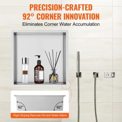 VEVOR Wandnische 10x33,02x33,02cm Duschnische Edelstahl Nische Einlagig 100 % Wasserdicht Nischeneinbau 0-40°C Betriebstemperatur 92°-Inneneckdesign Geeignet für Badezimmer Schlafzimmer Arbeitszimmer – Bild 3