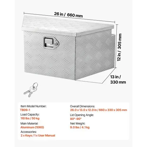 VEVOR Deichselbox Truckbox 1660 x 330 x 305 mm aus Aluminium, 50 kg Belastbare Werkzeugaufbewahrungsbox mit Schloss & Schlüsseln, Anhängerbox für Pickup-Ladeflächen RV SUVs Geländewagen, Silber – Bild 6
