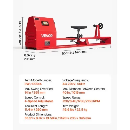 VEVOR Drechselbank 355 x 1016 mm 1/2 PS Tischdrehbank mit 4 Drehzahlstufen für Tischbeine Spazierstöcke und Große Holzwerkstücke, mit Thermoschutz, Robustem Metallrahmen sowie Werkzeug- und Zubehörset – Bild 6