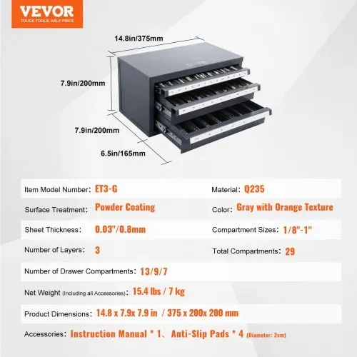 VEVOR Schaftfräser-Spenderschrank, Schaftfräser-Organizer-Schrank mit drei Schubladen für 1/8" bis 1", Stahl-Schaftfräser-Spender-Organizer-Schrank mit Etiketten, Stapelbar mit 29 Fächern – Bild 6