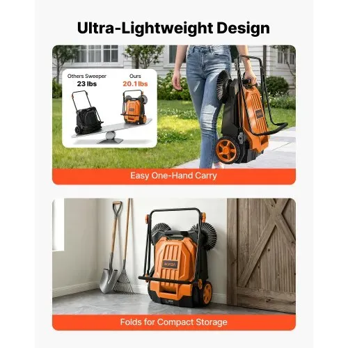 VEVOR Kehrmaschine Manuell, Handkehrmaschine mit 650 mm Arbeitsbreite, 18,9-L-Kehrbehälter & Verstellbarem Klappgriff, Bodenreinigungsmaschine für Höfe, Gehwege, Terrassen & Garagen – Orange – Bild 4