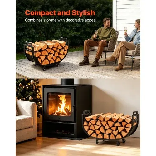 VEVOR Kaminholzregal Brennholzregal Feuerholzregal Kaminholzständer 805 mm, für Kamin & Ofen im Wohnzimmer Terrasse & Balkon, Stahlkonstruktion, Tragfähigkeit 80 kg, 4 Feststellbare Lenkrollen, Schwarz – Bild 4