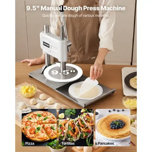 VEVOR manuelle Pizzateigpresse 241,3 mm Gebäck-Pressplatte, Brotpresse aus Edelstahl, kommerzieller Chapati Presse, 5 mm Dicke Formmaschine mit Griff & 100 Stk. Pergamentpapier, Pizza-Teigrolle VEVOR manuelle Pizzateigpresse 241,3 mm Gebäck-Pressplatte, Brotpresse aus Edelstahl, kommerzieller Chapati Presse, 5 mm Dicke Formmaschine mit Griff & 100 Stk. Pergamentpapier, Pizza-Teigrolle