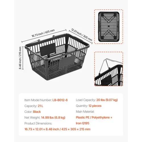 VEVOR Einkaufskorb, 12er-Pack, 21 L stapelbarer Kunststoffkorb mit Tragebügel, Engmaschige Struktur, Tragkraft bis zu 9 kg, Tragekorb für Lebensmittelgeschäfte, Einzelhandel, Supermärkte, Schwarz – Bild 6