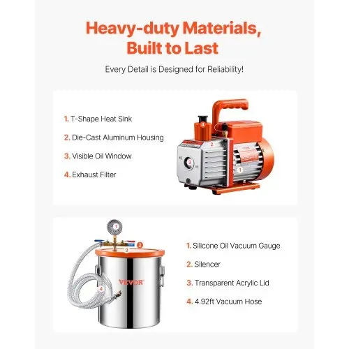 VEVOR 18,93 L Vakuumkammer & 3,5 CFM Pumpe, Edelstahlkammer, einstufiges Vakuumpumpen-Entgasungskammerset, mit Acryldeckel, Öl, 1,5 m Schlauch, Vacuum Pump Kit zum Entgasen von Harz-Silikon-Epoxiden – Bild 5