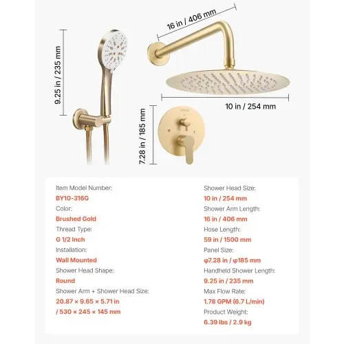 VEVOR Duscharmatur Regenduschsystem fürs Badezimmer Duschsystem mit 254 mm runden Regenduschkopf & Handbrause, wandmontierte Badezimmerarmaturen mit Messingventil & Zierset, gebürstetes Gold – Bild 6