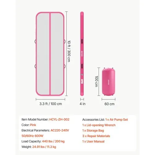 VEVOR Aufblasbares Turnmatten Set 3 x 1 m Gymnastikmatte mit Turnrolle Rosa, für Fitnessstudio Outdoor und Yoga, 3,2 psi, Verstärkte Nähte, Griffe, mit 600-W-Elektroluftpumpe und Aufbewahrungstasche – Bild 6