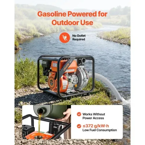 VEVOR Benzin Wasserpumpe 49,9 m Förderhöhe, Schmutzwasserpumpe 6 PS, Tragbare Motorpumpe, Benzinmotor mit 762 cm Auslassschlauch, Gusseisenlaufrad, Gartenpumpe für Bewässerung, Teiche & Pools – Bild 3