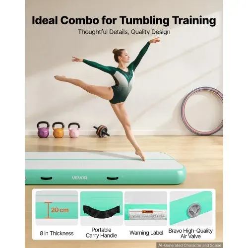 VEVOR Aufblasbare Gymnastikmatte 300x100x20 cm Airtrack-Turnmatte für Training, Wettkampfsport & Yoga, mit Rutschfester Oberfläche, 600-W-Elektroluftpumpe, Reparaturflicken, Düsen & Tasche, Mintgrün – Bild 4