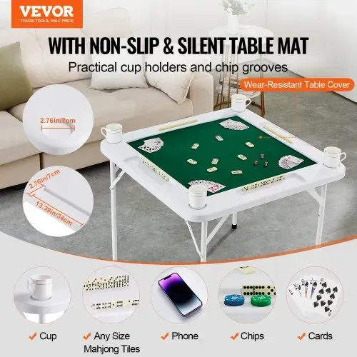 VEVOR Mahjong-Tisch, Klappbarer Dominotisch für 4 Spieler mit Verschleißfester Grüner Tischplatte, Tragbarer Quadratischer Kartentisch mit 4 Getränkehaltern & 4 Chip-Fächern für Mahjong-Poker-Puzzles VEVOR Mahjong-Tisch, Klappbarer Dominotisch für 4 Spieler mit Verschleißfester Grüner Tischplatte, Tragbarer Quadratischer Kartentisch mit 4 Getränkehaltern & 4 Chip-Fächern für Mahjong-Poker-Puzzles