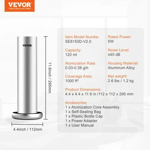 VEVOR Duftluftmaschine für Zuhause, 120 ml Bluetooth Smart Kaltluftdiffusor, 93,4 m² wasserloser Duftluftdiffusor für ätherische Öle, bodenstehende Aromatherapiemaschine für Spa, Yoga, Zuhause, Büro, – Bild 6