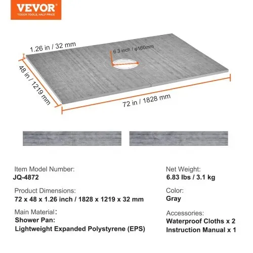 VEVOR Duschrand-Set, 1219 x 1828 mm Duschwannen-Set mit 160 mm zentralem Abfluss, leichte EPS-Duschinstallations-Sets mit 2 wasserdichten Tüchern, Duschwannen-Neigungsstangen passend für Badezimmer – Bild 6