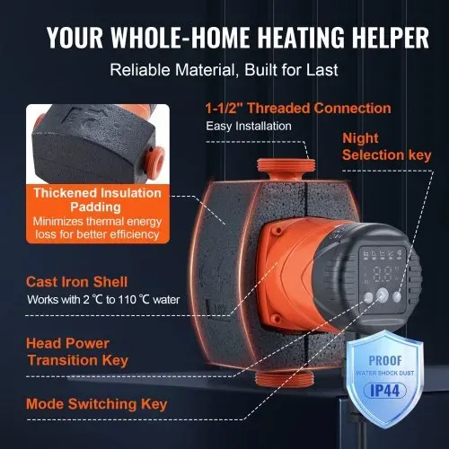 VEVOR Warmwasser-umwälzpumpe, Energieeffizient, Hocheffiziente Heizungspumpe, Ecm-permanentmagnetmotor, 220V, 60W, 67L/min Max. Durchflussrate, 8M Max. Förderhöhe, 3,81 cm Gewindeanschluss, 5 Intelligente Steuerungsmodi, Geräuscharm – Bild 5