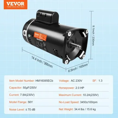 VEVOR 2 PS Pool-Pumpenmotor, 56Y Rahmen, 230V (7,8 Ampere) 3450 U/min, 60Hz, 1,3 Betriebsfaktor, 50μF/250V Kondensator, Linksdrehung Vierkantflansch Ersatzmotor – Bild 6