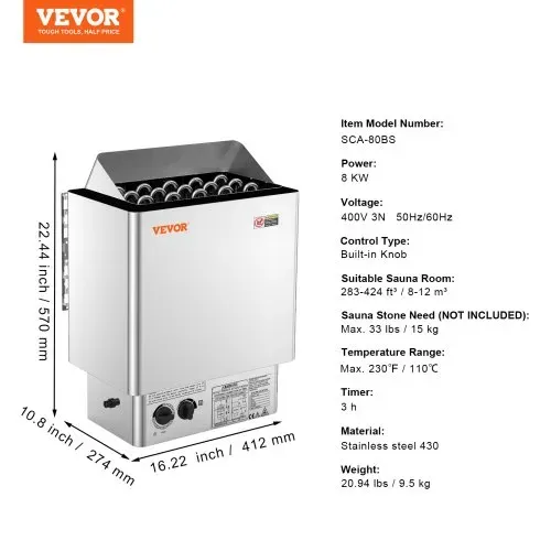 VEVOR Elektrischer Saunaofen, 8 kW, 400 V, 3N tragbare Saunaheizung für drinnen & draußen mit 3-Stunden-Timer, integrierte Steuerung für 8–12 m³, kommerzielle Hotel-Spa-Dusche, Edelstahl 430 – Bild 6