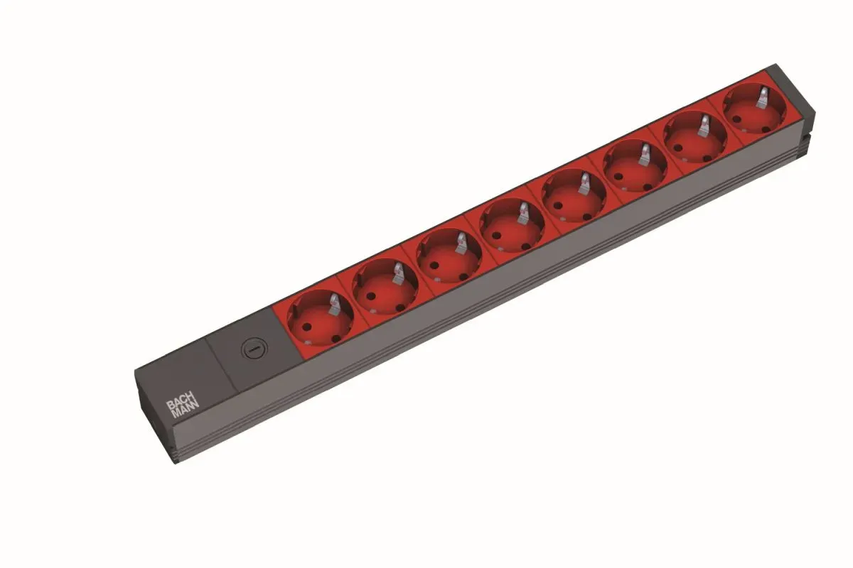 ALLNET 19″zbh. Steckdosenleiste, 8xDosen(CEE7)->Kaltgeräte(Stecker,C14), mit Feinsicherung 10A, ALU, Schwarz/Rot, Bachmann, ALLNET 19″zbh. Steckdosenleiste, 8xDosen(CEE7)->Kaltgeräte(Stecker,C14), mit Feinsicherung 10A, ALU, Schwarz/Rot, Bachmann,