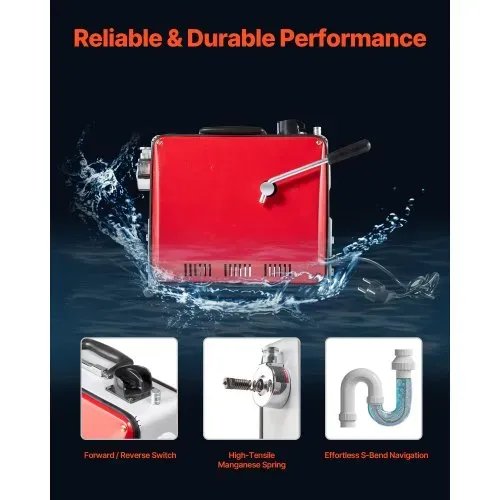 VEVOR Elektrische Rohrreinigungsmaschine, 390 W, 1400 U/min, Abflussreiniger, 12 m x 16 mm & 8 m x 9,5 mm Federkabel, 4,5 m x 16 mm flexible Feder, 6 Schneider, für Rohre mit 50–110 mm Durchmesser – Bild 4