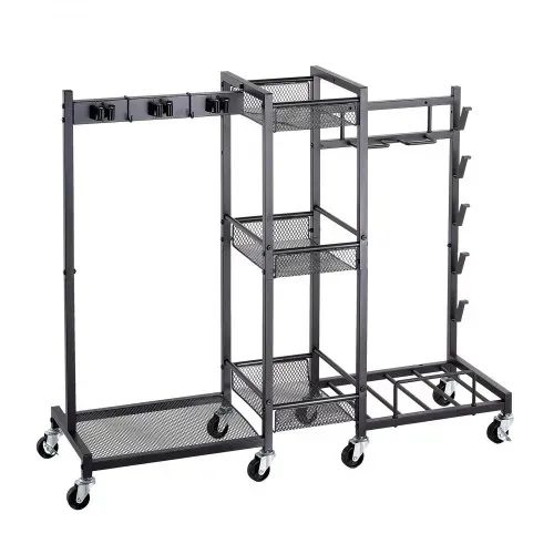 VEVOR Gartengeräte Ständer 1020x300x865mm Gerätehalter mit Rollen Schwarz, Aufbewahrungsregal für Garage Schuppen Garten, Stahlkonstruktion, 3-in-1 mit 3 Ablagefächern Staubsaugerhalter & Klemmsystem – Bild 8
