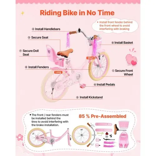 VEVOR Kinderfahrrad 18 Zoll Straßenfahrrad für 5-8 Jahre mit Ständer Rosa, Kinderrad für Mädchen, Kohlenstoffstahlrahmen, Prinzessin-Stil, Doppelbremsen, Verstellbarer Sitz, mit Puppensitz & Korb – Bild 6