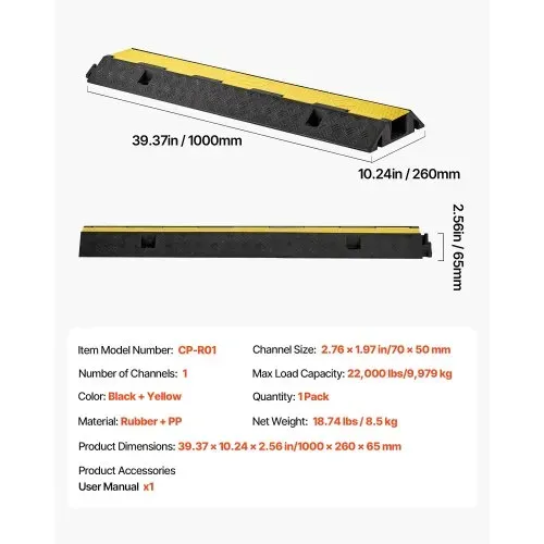 VEVOR 1000 mm Kabelbrücke, 9979 kg Tragkraft, 1-Kanal-Überfahrschutz aus Gummi, Stolperschutz, Bodenabdeckungen, für Bereiche mit hoher Schwelle, Zuhause, Büro, Lager, 1 Stk. – Bild 6