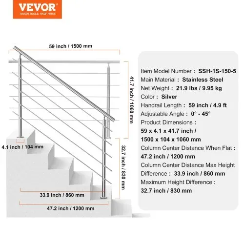 VEVOR Handläufe für Außentreppen, 150 cm Länge, 5 Querstangen, Treppenhandlauf-Set, Übergangsgeländer aus Edelstahl mit Montagesatz, doppelsäulige Treppenhandläufe für Senioren, Veranda und Terrasse – Bild 6
