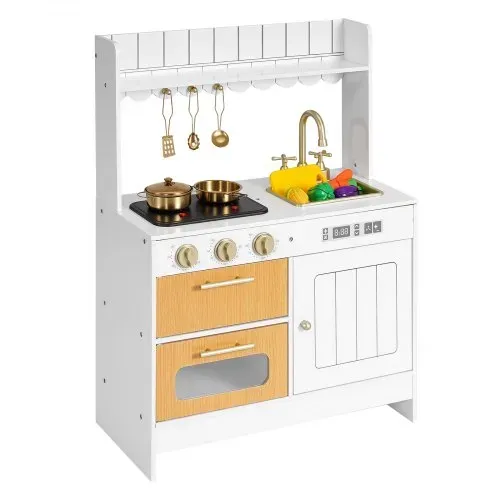 VEVOR Spielküche für Kinder, Realistische Kinderküche aus Holz mit Licht & Sound, Holzküche mit Herd Backofen Spüle Mikrowelle Schrank, Küchenspielzeug mit Kochset für Kinder von 3-8 Jahren, Beige – Bild 9