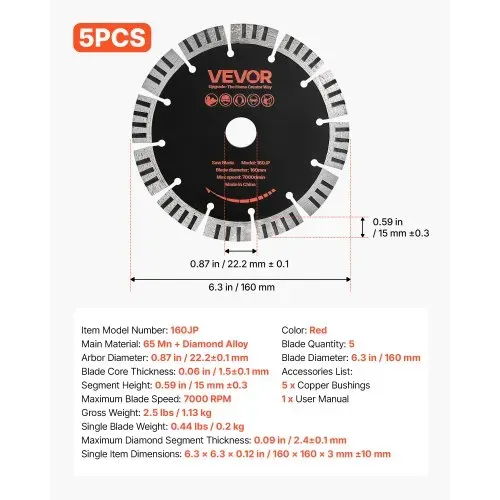VEVOR 5 Stk. Diamanttrennscheiben 160mm, Diamant-Sägeblätter mit 22,2mm Bohrung & 15mm Segmenthöhe, Max. 7000 U/min Diamantscheiben für Trocken/Nass Schneiden, Trennscheibe für Beton Mauerwerk Stein – Bild 6
