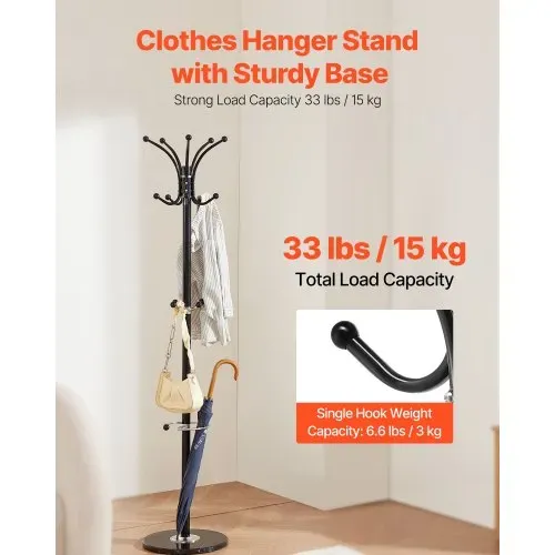 VEVOR Garderobenständer, 176 cm, Kleiderständer mit Schirmhalter, stabiler Marmorsockel und 14 Haken, Jackenständer für Eingangsbereich, Wohnzimmer, Kleiderbügel für Hüte, Schals, Taschen VEVOR Garderobenständer, 176 cm, Kleiderständer mit Schirmhalter, stabiler Marmorsockel und 14 Haken, Jackenständer für Eingangsbereich, Wohnzimmer, Kleiderbügel für Hüte, Schals, Taschen