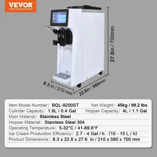 VEVOR Kommerzielle Eismaschine, 10 L/h Leistung, Softeismaschine Einzelne Geschmacksrichtung, Arbeitsplatte, 4 L Trichter, 1,6 L Zylinder, Touchscreen, Automatische Reinigung, Vorkühlung Snackbars – Bild 6
