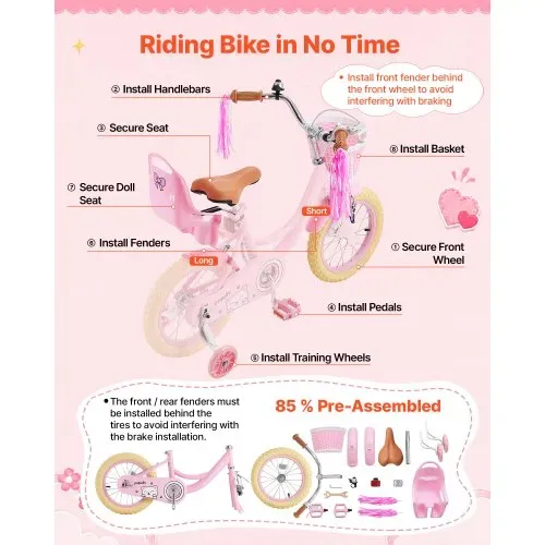 VEVOR Kinderfahrrad für 3-5 Straßenfahrrad 14 Zoll mit Stützrädern Rosa, Kinderrad für Mädchen, Kohlenstoffstahlrahmen, Doppelbremsen, Verstellbarer Sitz, mit Puppensitz & Korb, Prinzessin-Stil – Bild 6