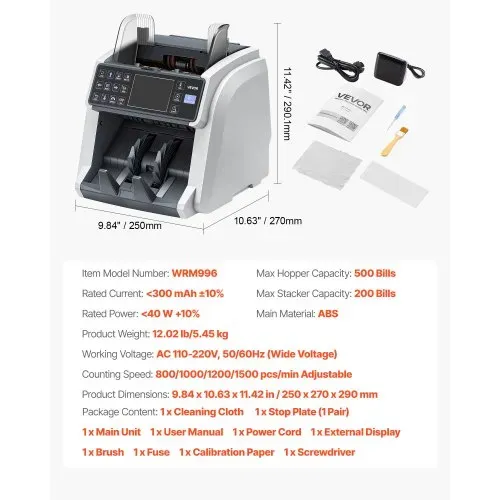 VEVOR Geldzählmaschine Banknotenzähler mit UV/MG/IR/DD/DBL/HLF/CHN Falschgelderkennung LED-Display, Wertzähler Unterstützt Mehrere Währungen & Gemischte Banknoten, Geldzähler Max. 1500 Banknoten/Min. – Bild 6
