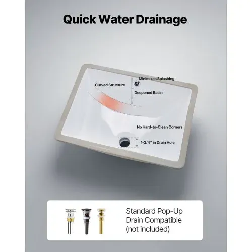 VEVOR Unterbauwaschbecken Handwaschbecken 515 x 385 mm rechteckiges Spülbecken aus Keramik mit Überlaufloch, moderne Unterbauspüle Küchenspüle für kleine Räume, Badezimmerwaschbecken Weiß – Bild 4