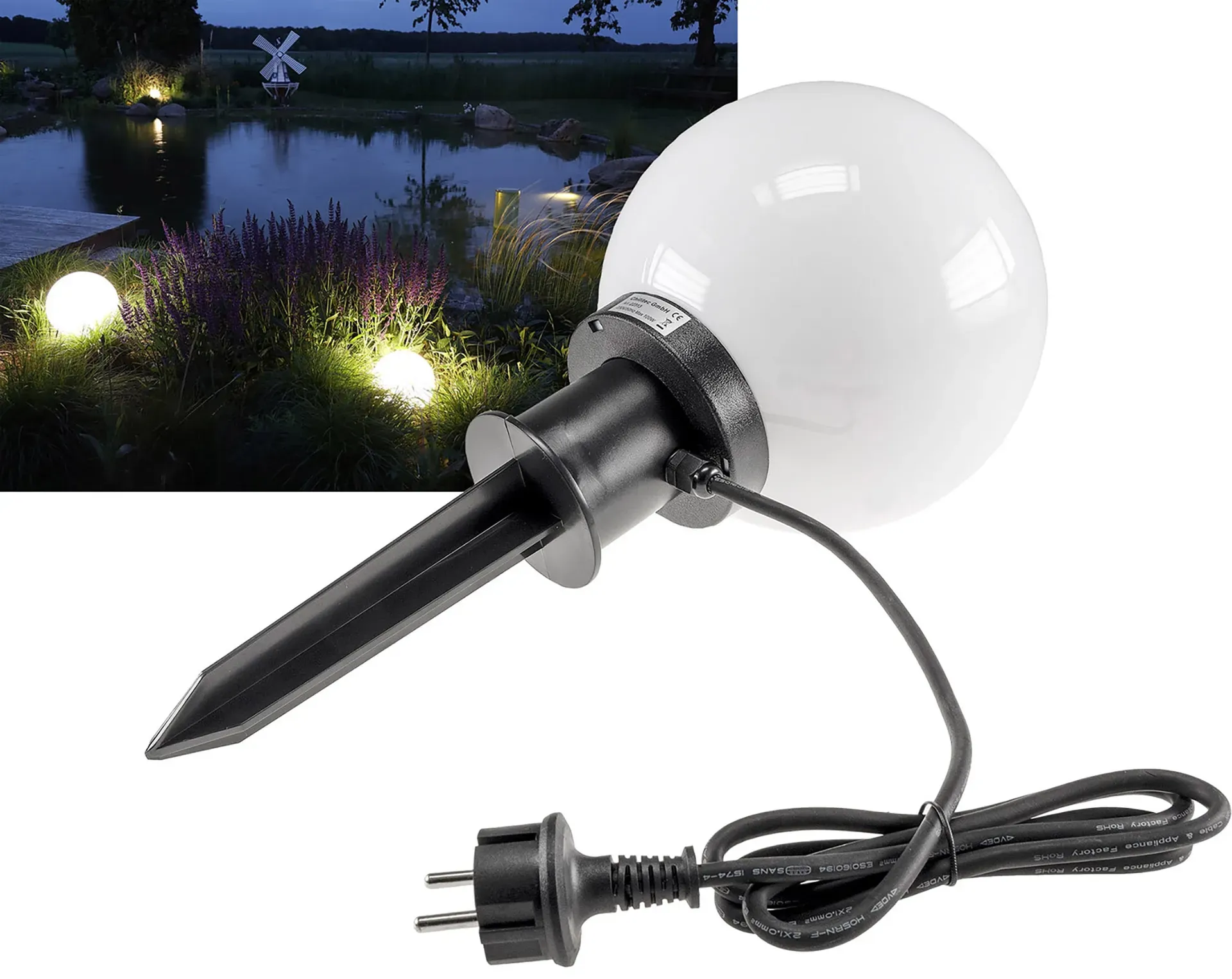 Garten Kugelleuchte Erdspieß “CT-GL20cm” IP44, 230V, 1,5m Kabel, E27 Fassung Garten Kugelleuchte Erdspieß “CT-GL20cm” IP44, 230V, 1,5m Kabel, E27 Fassung