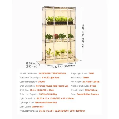 VEVOR Pflanzenregal mit Wachstumslicht, 4-stufiger Pflanzenständer mit transparenter Abdeckung, Timer & Hygrometer, 180W Vollspektrum-Lichter, Blumenregal für Zimmerpflanzen 90x35x150 cm – Bild 6