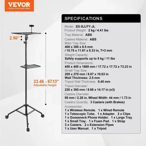 VEVOR Projektorständer mit Rädern Laptopständer-Stativ, höhenverstellbar von 795 bis 1710 mm, Projektor-Stativständer mit 2 Ablagen & Schwanenhals-Telefonhalterung, im Freien/Büro/Studio, zu Hause – Bild 6