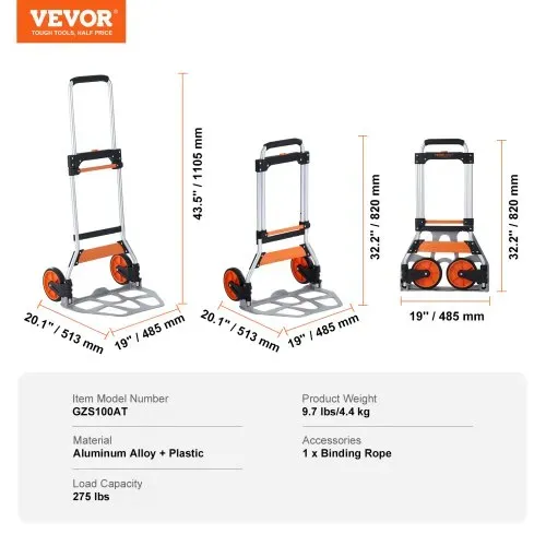 VEVOR Sackkarre Klappbar 125kg Transportkarre aus Aluminiumlegierung und Kunststoff Stapelkarre mit verstellbarem Griff 820-1105mm Faltbarer Trolley inkl. Bindeseil kompakte Größe zum Verstauen – Bild 6