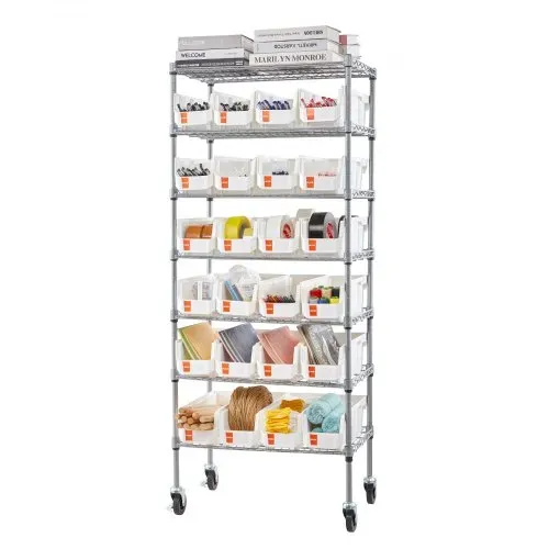 VEVOR Standregal, Lagerregal mit 7 Ebenen & 24 kleinen Stapelboxen, Bücherregal, Küchenregal mit Rollen, Werkzeugorganizer für Garage, Büro, Restaurant, Klassenzimmer, Küche, 600x350x1480mm – Bild 8