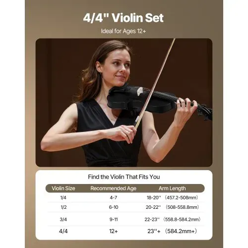 VEVOR Violine 4/4, 584,2 mm Armlänge, Geigenset mit Hartschalenkoffer, Kolophonium, Bogen, Schulterstütze, Steg, Stimmgerät & zusätzlichen Saiten, Massivholzinstrumente (schwarz) – Bild 3
