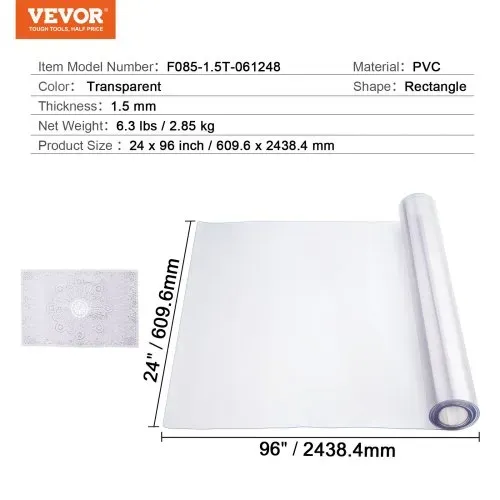 VEVOR Kunststoff-Tischdecke, 61 x 243 cm, 1,5 mm dick, transparenter Tischschutz, rechteckige PVC-Schreibtischunterlage, wasserdichte und leicht zu reinigende Schreibtischunterlage, Tischdecke, für Büro, Kommode, Esszimmertisch, Nachttisch – Bild 6