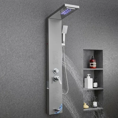 VEVOR Duschpaneel-Turmsystem (5 Modi) mit Regenwasserfall-Duschkopf & LED, (1345 mm) Duschsäule aus gebürstetem Edelstahl, Regenmassagesystem zur Wandmontage, mit Handbrause & Wannenauslauf – Bild 7